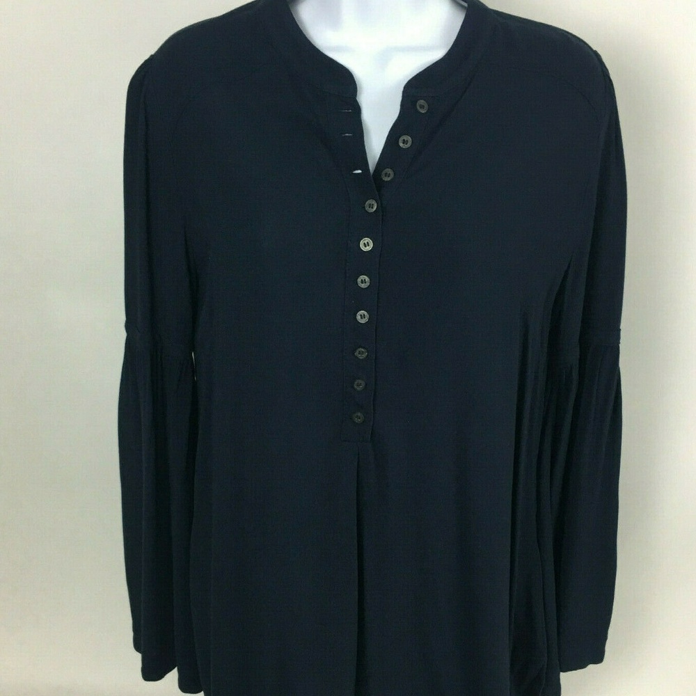 Free People Navy Mandarin Collar Top Flare Sleeve